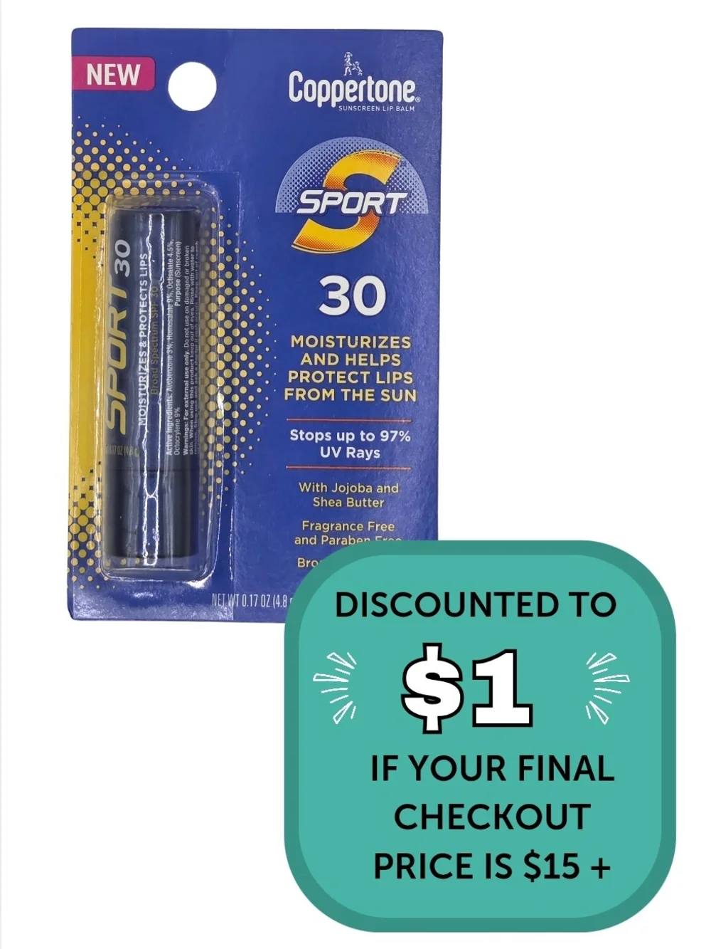 $1 Add-On When Bundled with $14+ Coppertone Sport SPF 30 Lip Balm